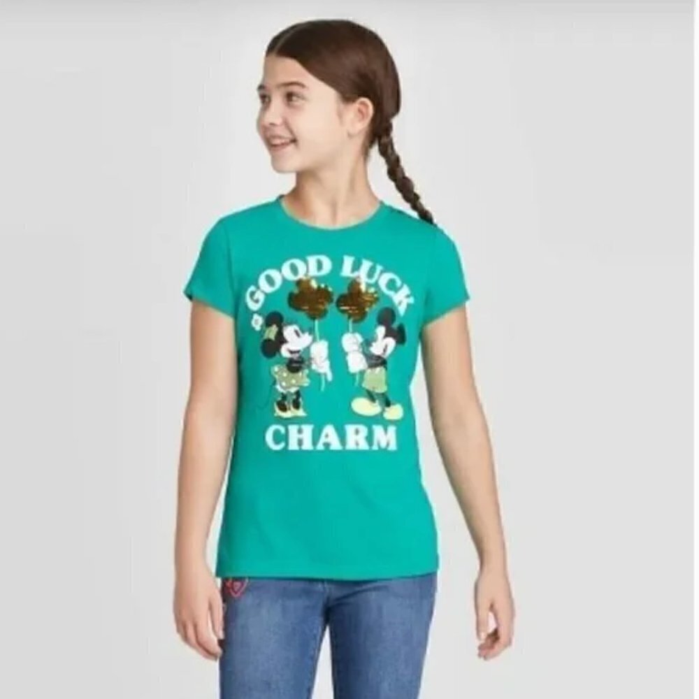 Disney Girls Sz XS 4/5 T-Shirt Mickey Minnie Mouse Good Luck Charm Green Sequins